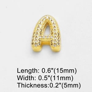 Detail of gold letter A pendant with cubic zirconia, size dimensions 15mm by 11mm