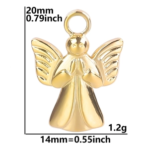 Detail view showing dimensions of a 20mm golden angel charm pendant in stainless steel