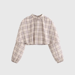 Women Plaid Blouse Layered Cape Top Stand Collar Long Sleeve Cropped Polyester Elegant Sweet Casual