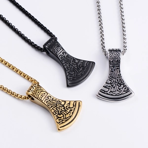 Viking Thor's hammer axe pendant necklace in black, silver, and gold stainless steel finish
