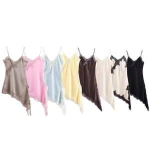 Robe Camisole Élégante Pour Femme En Satin D'acétate Dentelle Col V Ourlet Asymétrique Sans Manches Resort Mode Midi