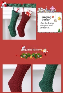 Detail of red and green cable knit Christmas stockings with functional hanging loops