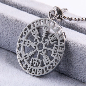 Viking Compass Pendant Necklace Stainless Steel Round Hollow Nordic Rune Retro Jewelry For Men Women