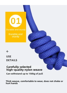 Detail showing durable blue nylon braided dog leash capable of 150kg pulling force