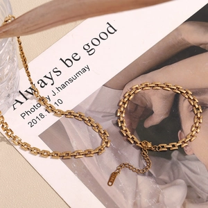 18K gold plated stainless steel rectangle link chain necklace and bracelet for women