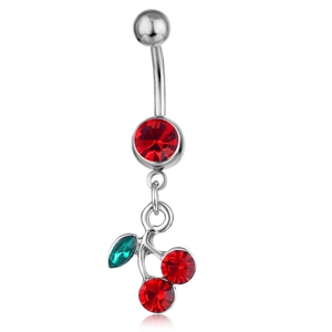 Silver belly button ring featuring a sparkling red cherry pendant with green leaves