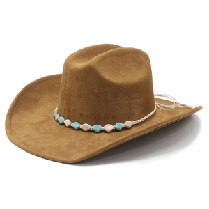 Brown wide brim western cowboy hat with bohemian turquoise beaded band and tassels