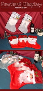 Detail of Christmas stocking featuring sequins and plush faux fur with gnome and Santa designs
