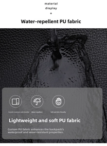 Nahaufnahme von wasserdichtem schwarzem PU-Leder mit Wassertropfen für Damenrucksäcke