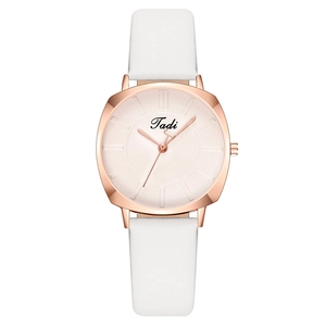 Fashionable women's square quartz watch with white leather strap and rose gold dial