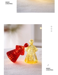 Close-up of glass angel ornaments with LED lights and vertical stripes for Christmas