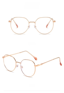 Detailed views of square rose gold metal glasses frame with orange temple tips