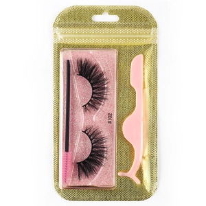 3D thick curly false eyelashes set with pink brush, tweezers and glitter card storage
