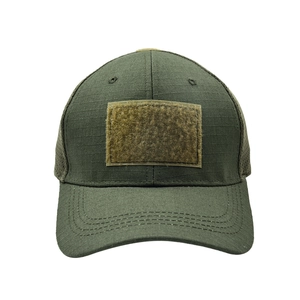 Close-up of olive green tactical baseball cap with front velcro patch and mesh back panels