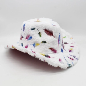 Close-up of white plush Christmas hat with colorful feather patterns and warm texture