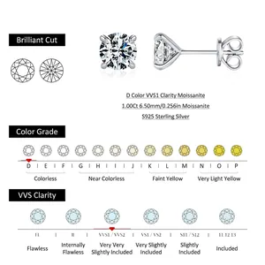 Classic 1ct D-color VVS1 moissanite 925 sterling silver four-prong stud earrings