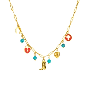 Gold chain necklace with red heart lock, cowboy boot, and monstera leaf charms