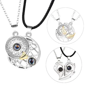 Stainless Steel Copper Rhinestone Projection Pendant Necklace Sun Moon Heart Magnetic Attraction Fashion Jewelry Gift