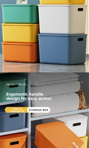 Stackable plastic storage bins with handles in multiple colors for home organization