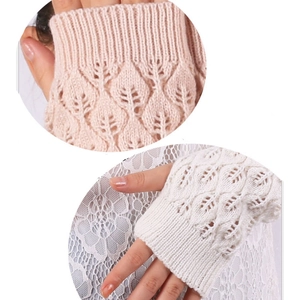 Women's fingerless knit gloves with elegant leaf hollow lace pattern in pink and beige