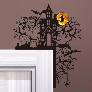 Halloween door corner silhouette featuring a haunted house, bats, and a witch on a yellow moon