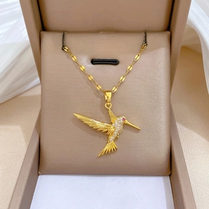 Hummingbird Pendant Necklace Titanium Steel And Copper Gold Plated Micro Pave Cubic Zirconia Jewelry For Women