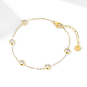 Gold plated stainless steel bracelet with five round clear zircon stones and lobster clasp