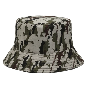 Men's digital camouflage bucket hat in military green with adjustable chin strap