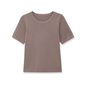 Women's crew neck short sleeve ribbed knit T-shirt in soft dusty pink color