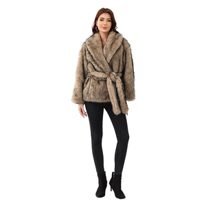 Mid-length faux fur coat with belted waist and notched collar in tan brown for women