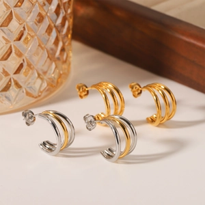 Elegant triple-layered 18k gold plated stainless steel stud earrings in gold and silver