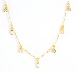 925 Sterling Silver gold-plated necklace with rectangle and round zircon pendants