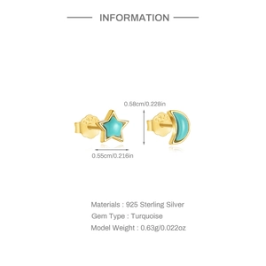 Detailed view of S925 sterling silver star and moon earrings with turquoise stone dimensions