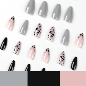 French tip coffin press-on nails with grey, black, and silver glitter lines and dots