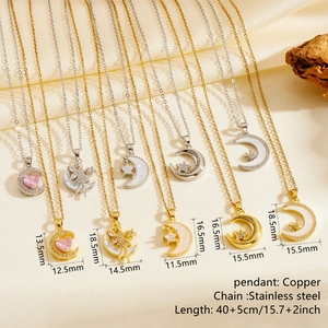 Colliers élégants avec pendentifs lune et étoile en acier inoxydable sur soie