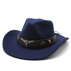 Detail showing the dark blue wool felt cowboy hat with vintage bull head metal buckle