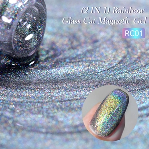 Close-up of Rainbow Glass Cat Magnetic Gel RC01 pouring with holographic glitter effect
