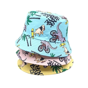 Kids cotton sun hats with dinosaur and shark prints in blue, pink, and yellow colors