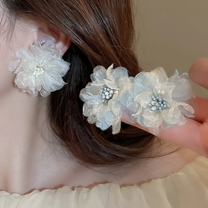 Macro detail of airy mesh flower earrings with bead center on silver needle studs