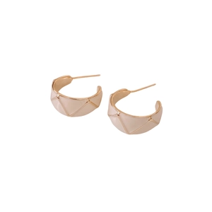 French vintage 18k gold plated cream enamel C-shape hoop earrings with geometric pattern