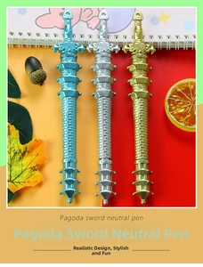 Close-up of gold silver and blue pagoda sword neutral pens with metallic plating finish
