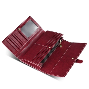 Long vintage wine red leather wallet for women with RFID protection and multi-card slots