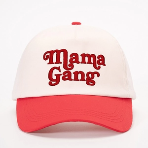 Two-tone baseball cap with red Mama Gang embroidery and adjustable contrast brim