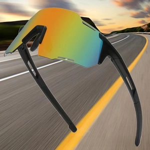 Macro shot of colorful coated cycling lenses with a matte black streamlined frame