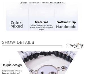 Macro shot of Yin Yang couple bracelets with white turquoise and black matte stone beads