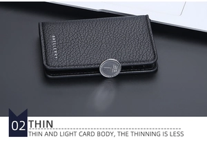 Close-up of slim black lychee pattern leather wallet compared to a thin coin