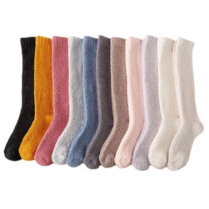 Thick coral fleece over-knee high socks in 12 assorted solid colors for winter warmth