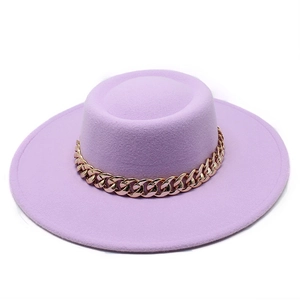 Elegant Wool Felt Boater Hat For Men Women Flat Top Wide Brim Fedora With Gold Metal Chain Fashion Jazz Party Sun Hat