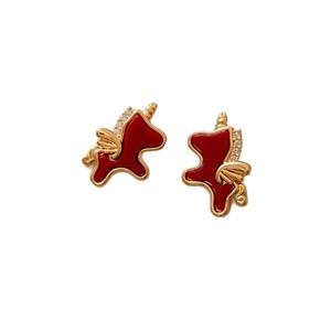Red enamel unicorn stud earrings with gold plating and white sparkling zircon stones