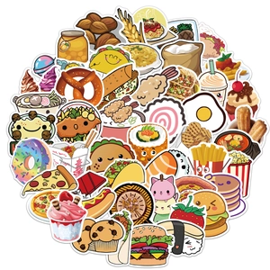 Close-up of cute waterproof cartoon food stickers featuring pizza, burger and sushi